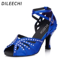 DILEECHI-zapatos de baile latino con diamantes de imitación para mujer, zapatillas de baile de salón de satén azul, zapatos de baile cuadrados para fiesta, exteriores, 7,5 cm 2024 - compra barato