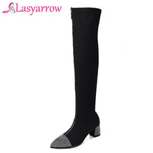 Lasyarrow 2018 Autumn Women Sock Boots Pointed Toe Elastic High Boots Zipper Thigh High Long Boots Women Pumps Square heel shoes 2024 - buy cheap