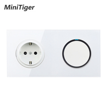 Minitiger White Crystal Glass Panel 16A EU Russia Standard Wall Power Socket + 1 Gang 1 Way On / Off Light Switch LED Indicator 2024 - buy cheap