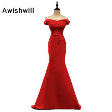 Vestidos de Noche Burgundy Off the Shoulder Lace Up Back Appliques Satin Women Evening Gowns Mermaid Sexy Long Red Evening Dress 2024 - buy cheap
