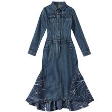 Denim dress spring new vintage lim high waist long sleeve lapel patchwork mermaid/trumpet long dress 2024 - buy cheap