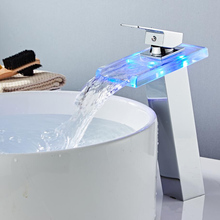 LED Color Changes Glass Waterfall Basin Faucet Bathroom Bath Tub Sink Mixer Tap Single Handle Tall Water Faucet Chrome Finish 2024 - buy cheap