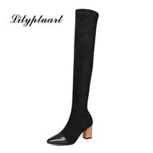 2019 new leather and elastic cloth material rubber soles elastic socks boots square head high heel thick with fashion boots 2024 - buy cheap