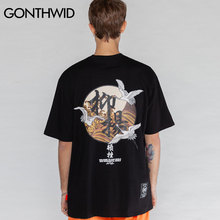 GONTHWID Japanese Harajuku Style Crane Printed T Shirts Streetwear 2020 Men Women Short Sleeve Tops Tees Fashion Male Tshirts 2024 - buy cheap