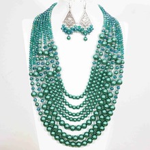 Concha redonda verde malaquita Vintage Cristal de Ábaco de perla simulada 7 filas collar pendientes para mujer ceremonia joyería conjunto B1303 2024 - compra barato