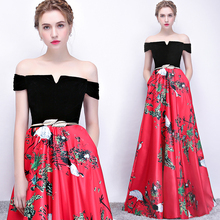 Red flower long  off shoulder sweat lady girl women princess bridesmaid banquet party dress gown 2024 - buy cheap