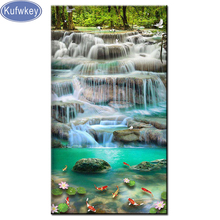 Pintura de punto de cruz de paisaje de mosaico de diamantes, cascada, koi, bordado de diamantes, taladro redondo cuadrado completo, rompecabezas 5d, 60x120cm 2024 - compra barato