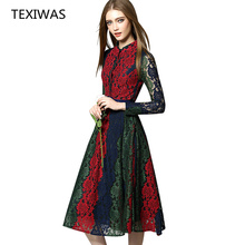 TEXIWAS Spring hollow long dress women Sexy color patchwork button Big swing slim lace dress Basic party dress female streetwear 2024 - buy cheap