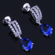 Gracious Water Drop Blue Cubic Zirconia White CZ Silver Plated Drop Dangle Earrings V0373 2024 - buy cheap