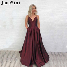 JaneVini 2019 vestido de graduación Sexy Borgoña con bolsillos Spaghetti Strpas Línea A tren de barrido abierto espalda larga vestidos de satén Gala Jurken 2024 - compra barato