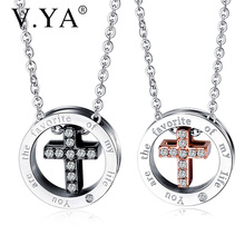 V.YA Newest Cross Zircon Necklace For Couple Stainless Steel Round Cross Black Pendants For Men Rose Gold Cross Lover Necklace G 2024 - buy cheap