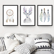 HAOCHU Nordic modern feather wind chime deer beautiful retro home decoration painting life living room canvas poster new picture 2024 - buy cheap