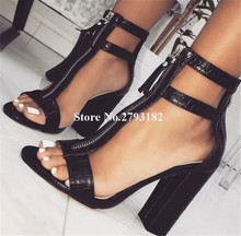 Women New Fashion Open Toe Pattern Leather Chunky Heel Gladiator Sandals Zipper-up Thick High Heel Sandals Dress Shoes 2024 - buy cheap