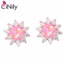 CiNily Sun Flower Fire Opal Pink Stone Stud Earrings Silver Plated Cubic Zirconia CZ Full Crystal Daisy Earring Summer Jewelry 2024 - buy cheap