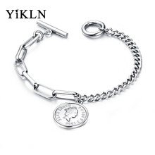 Yikln pulseira bracelete feminino ouro rosa, pingente arredondado etiqueta arredondada 2024 - compre barato