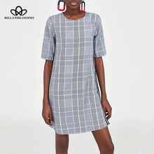 Bella Philosophy 2018 women causal gray plaid mini straight dress short sleeve o neck dress side striped slim female dress 2024 - buy cheap