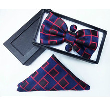 SHENNAIWEI 100%Silk Jacquard Woven Men Butterfly Bow Tie Cufflinks plaid BowTie Pocket Square Handkerchief Hanky Suit Set box 2024 - buy cheap