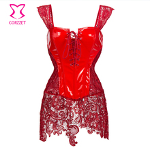 Red Floral Lace & PVC Hot Sexy Corset Dress Gothic Steampunk Clothing Women Plus Size Corsets And Bustiers 6XL Burlesque Costume 2024 - buy cheap