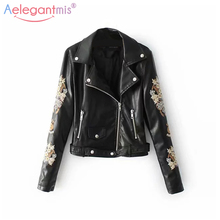 Aelegantmis Autumn Black Vintage Embroidery Pu Leather Jacket Women Fashion Street Faux Leather Biker Jacket Soft Moto Outerwear 2024 - buy cheap