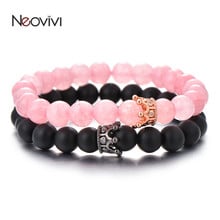 Neovivi Natural Stone Pink Beads Lava Black CZ Crown DIY Beaded Bracelet Set Couple Jewelry Macrame Bracelets for Women Men Gift 2024 - buy cheap