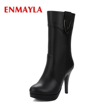 Enmayla botas femininas de salto alto, bico redondo, plataforma sólida, cano médio, botas femininas de salto fino, slip-on, tamanho grande 34-43, zyl564 2024 - compre barato