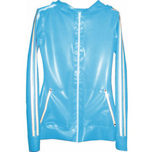 Rubber Top Latex Unisex Light Blue and White Stripe With Zipper Hooded Coat Size XXS-XXL 2024 - buy cheap