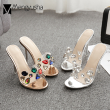 Women Colorful Rhinestone Sandals Thin High Heels Crystal Shoes Transparent Slippers Femme Wedges Slides Beach Shoes Flipflops 2024 - buy cheap