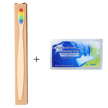 2 pcs Dentes Branqueamento Tiras + 1 pc Proteção Ambiental Rainbow Color Escova Cabo De Madeira de Cerdas Macias de Bambu escova de Dentes 2024 - compre barato