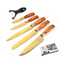Conjunto de 6 facas de aço inoxidável, com conjunto de facas banhadas a ouro, faca de cozinha, cabo com tampa de grão de madeira, faca afiada de chef de escultura 2024 - compre barato