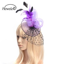 Women Fascinators Hat Purple Mesh Feather Wedding Party Cocktail Ascot Races Headwear Hairpiece Handmade Bridal Hairpin Clip 2024 - buy cheap