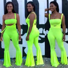 BKLD 2 piezas Bodycon Set mujer chándales 2019 verano tubo Tops y monos Flare pantalones conjuntos 2 piezas traje moda neón conjunto 2024 - compra barato