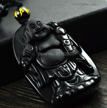 Beautiful Natural Black Obsidian Carved Laughing Buddha Amulet Blessing Lucky Pendant  + Free Necklace Fine Crystal Jewelry 2024 - buy cheap