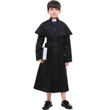 Children Black Priest Long Robe With Cape Suit Costumes Cosplay For Boys Abbe Halloween Easter Party Cosplay 2024 - buy cheap