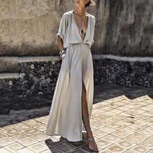 Sexy Women Deep V-Neck Split Dress Casual Half Sleeve Maxi Loose Solid Sweetwear Empire Summer Elegant Ankle-Length Dresses 2024 - buy cheap