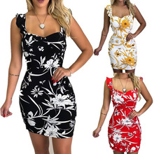 Summer Fashion Skinny Short Dress Floral Printing Ruffles Sleeveless Bodycon Dress Sexy Club Bandage Dress Vestidos Plus Size 2024 - buy cheap