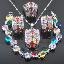 Conjunto de joias de zircônia multicolorida para mulheres, joias, pulseira, prata, colar, pingente, brincos, anel qs0522 2024 - compre barato