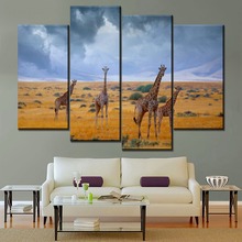 Pintura da lona para sala de estar arte da parede hd impressão 4 peças áfrica animal nuvem campo girafa poster decoração casa quadro modular 2024 - compre barato