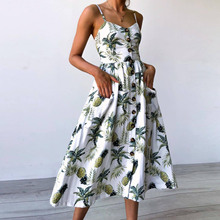 Boho Floral Print Summer Dress Women V Neck Pockets Sleeveless Midi Dresses Female Sunflower Pleated Backless Button Sexy Dress 2024 - buy cheap