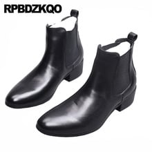 Short Mens Pointed Toe Dress Boots Ankle Full Grain Chelsea Chunky Genuine Leather Booties Shoes High Top Formal Luxury Black 2024 - buy cheap