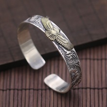 Indian Style Golden Eagle Mens 925 Silver Bangle Bracelet Handmade Pure Sterling Silver 925 Fashion Cool Men Jewelry Thai Silver 2024 - buy cheap