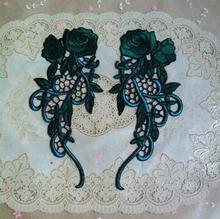 1 Pair 23*11cm China Style Classical Vintage Patches Wedding Bridal Embroidery Green with Blue Lace Patch Sewing Lace Applique 2024 - buy cheap