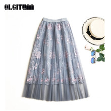 New High Quality Elegant Long Pleated Skirt Women 2020 Summer Floral Embroidery A-line Lace Mesh Skirt Women midi skirt 2024 - buy cheap