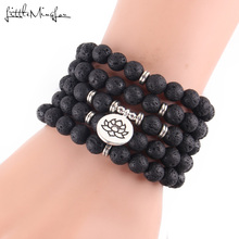 Little Minglou New Hot Lava stone 108 Mala Lotus Bracelet or Necklace Reiki Charged Buddhist Rosary Bracelet drop shipping 2024 - buy cheap