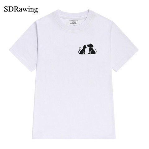 Забавная хлопковая Футболка с принтом кошки и собаки с карманом для женщин, футболки с рисунком собаки, кошки, влюбленных, хипстерские Топы Tumblr 2022 - купить недорого