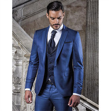 Traje de novio para hombre, traje de boda ajustado, chaqueta, pantalones, chaleco y corbata, hecho a medida, color azul 2024 - compra barato