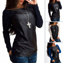 Hot New Fashion Women Summer Loose Top Long Sleeve Patchwork Spring O-Neck Ladies Casual PU Leather Tops Ladies T-Shirt S-XL 2024 - buy cheap