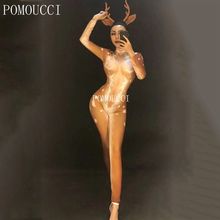 Рождественский стиль (без головного убора) женский новый сексуальный комбинезон с 3D принтом для ночного клуба, вечерние костюмы сценическая одежда, боди, танцевальный костюм 2024 - купить недорого