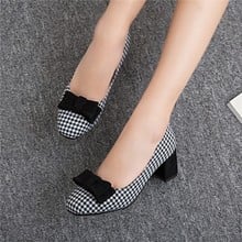 Tamanho grande senhoras de salto alto mulher sapatos mulher bombas chequered quadrado-headed pesado de salto único mulher 2024 - compre barato