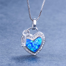 Cute Female Blue Fire Opal Pendants Necklaces Silver Color Heart Key Necklace Vintage Wedding Necklaces For Women 2024 - buy cheap