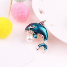 LUBOV Blue Color Dolphin Brooch Pin Imitation Pearl Rhinestone Inlaid Golden Metal Dolphin Brooches Pins Women Party Accessories 2024 - buy cheap